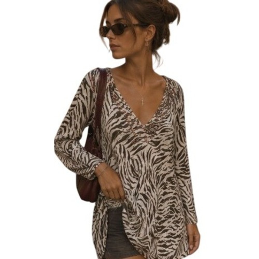 Y2K Zebra Print Silk Beaded Tunic Top Sheer Brown White XL Resort Euro Summer